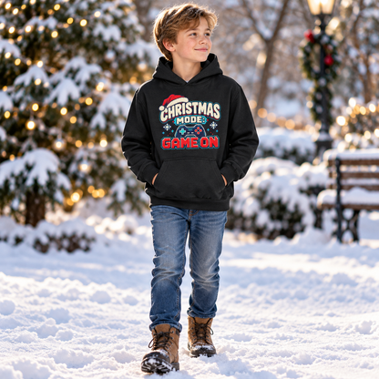 Christmas Mode Game On Boys Hoodie in Black Smoke – boys' Christmas hoodie lifestyle photo