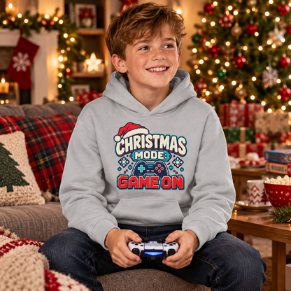 Christmas Mode Game On Boys Hoodie in Heather Grey – boys' Christmas hoodie lifestyle photo
