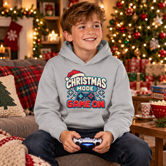 Christmas Mode Game On Boys Hoodie in Heather Grey – boys' Christmas hoodie lifestyle photo