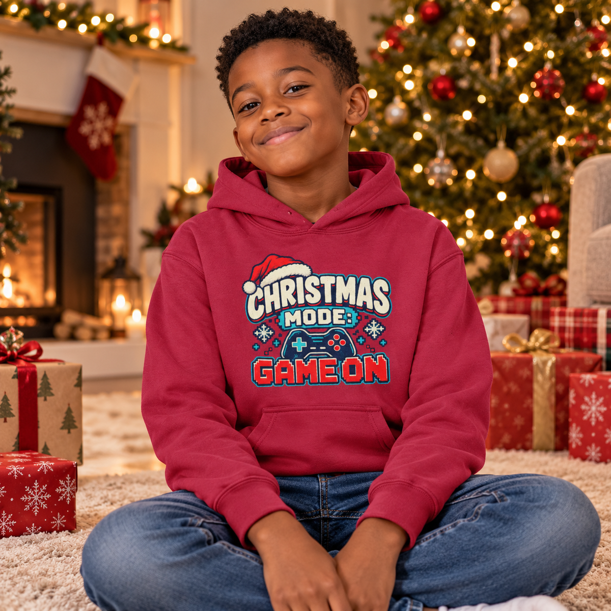 Christmas Mode Game On Boys Hoodie in Red Hot Chilli – boys' Christmas hoodie lifestyle photo