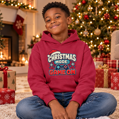 Christmas Mode Game On Boys Hoodie in Red Hot Chilli – boys' Christmas hoodie lifestyle photo