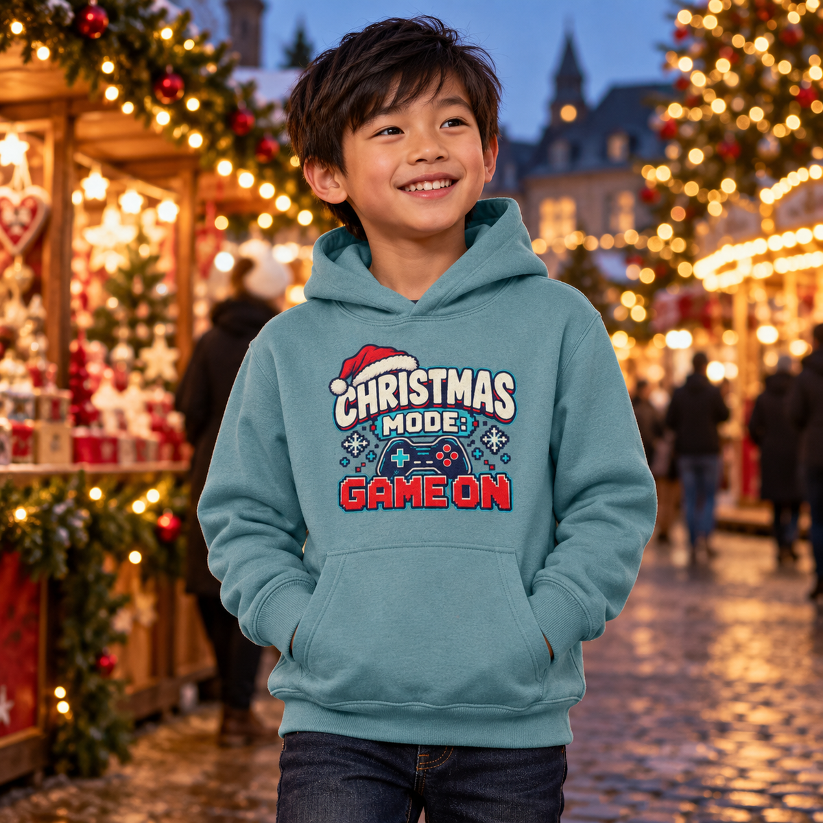Christmas Mode Game On Boys Hoodie in Seafoam – boys' Christmas hoodie lifestyle photo