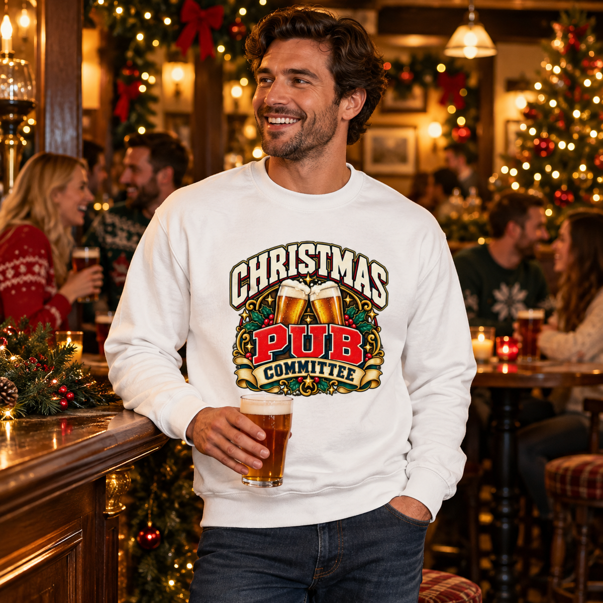 Christmas Pub Committee Mens Sweatshirt in Arctic White – men's festive lifestyle photo