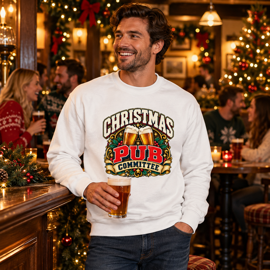Christmas Pub Committee Mens Sweatshirt in Arctic White – men's festive lifestyle photo
