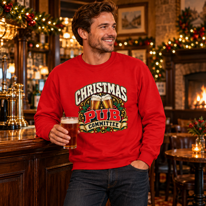 Christmas Pub Committee Mens Sweatshirt in Fire Red – men's festive lifestyle photo