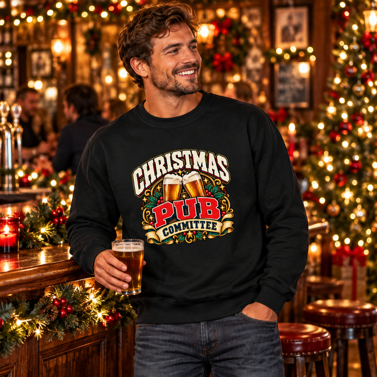 Christmas Pub Committee Mens Sweatshirt in Jet Black – men's festive lifestyle photo