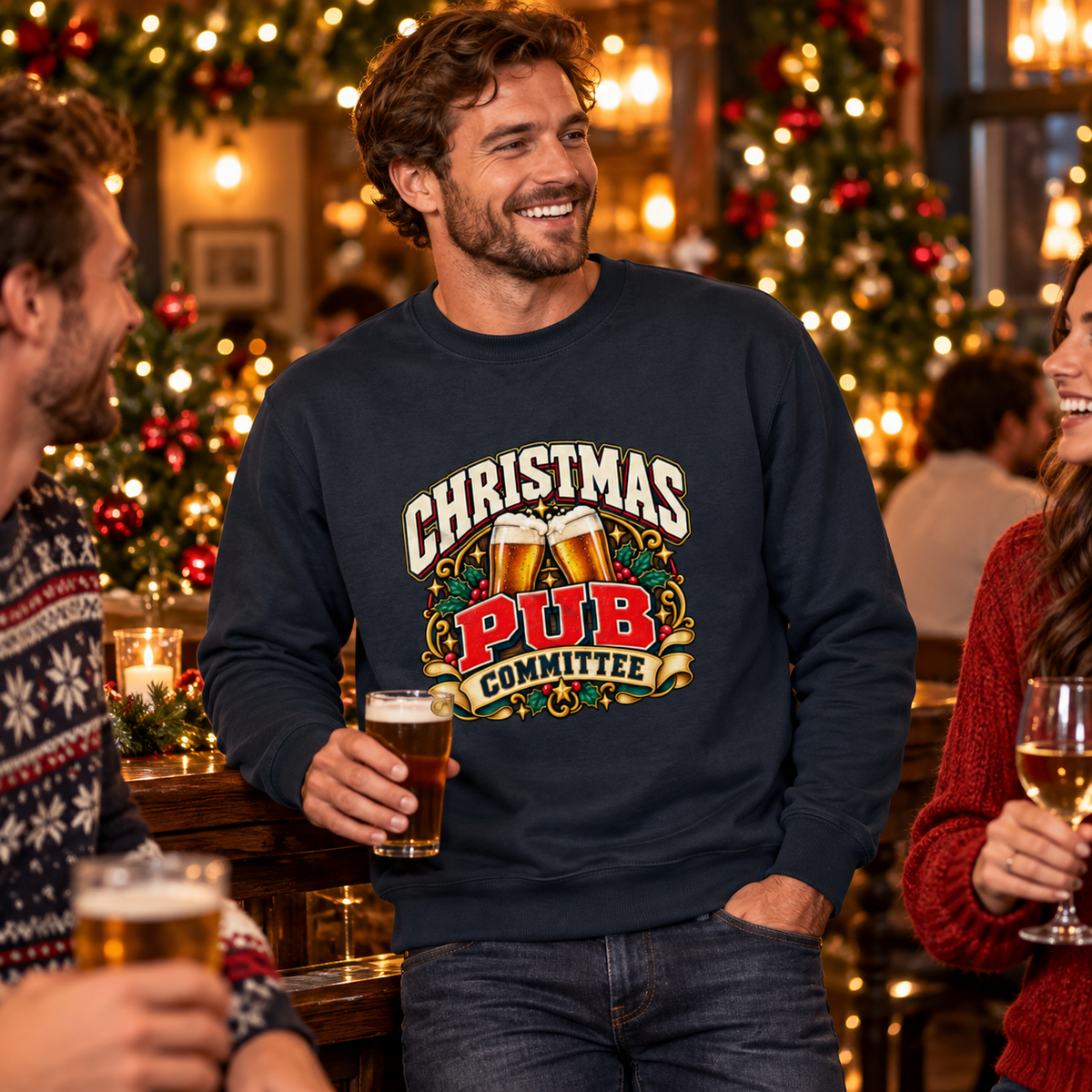 Christmas Pub Committee Mens Sweatshirt in New French Navy – men's festive lifestyle photo