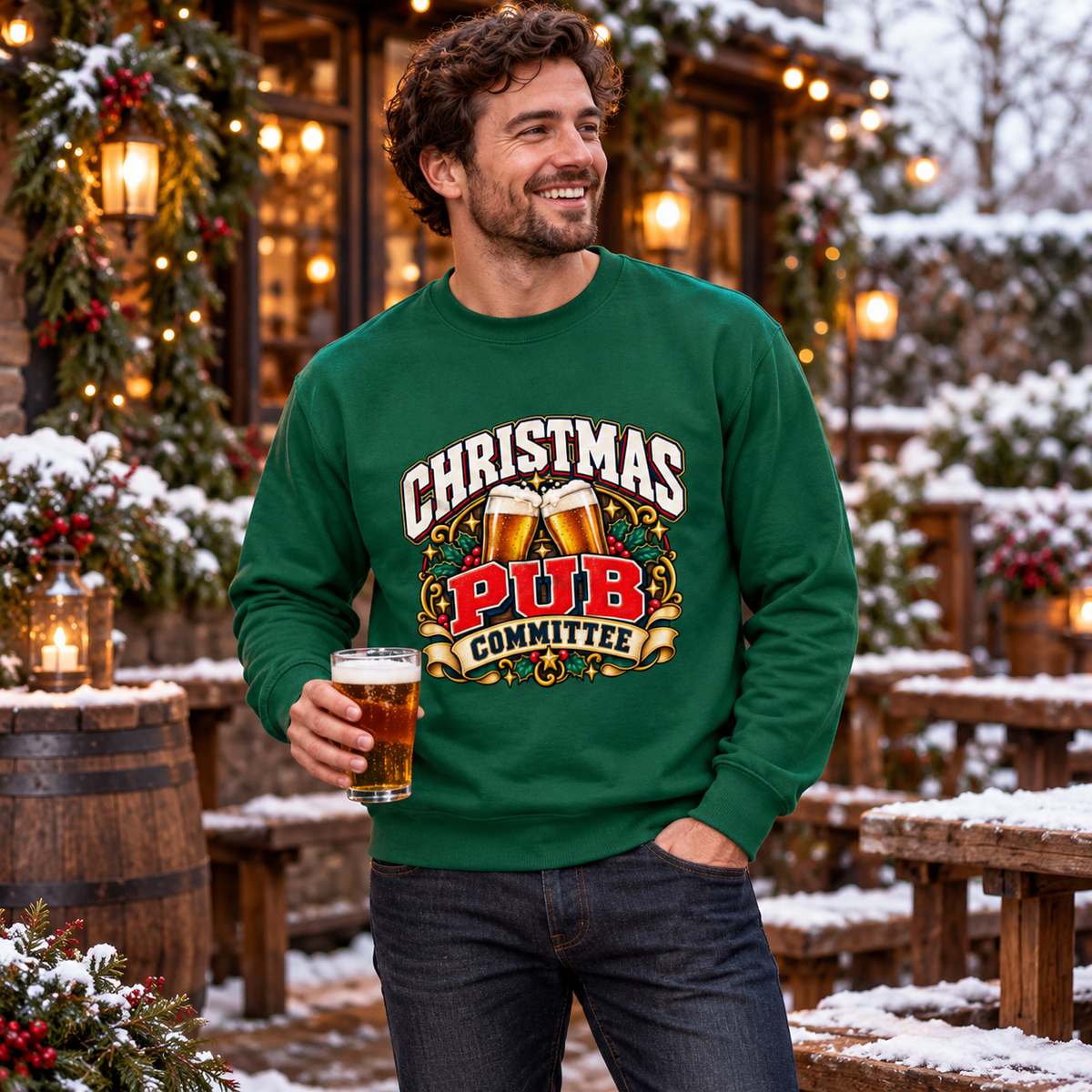 Christmas Pub Committee Mens Sweatshirt in Rainforest Green – men's festive lifestyle photo