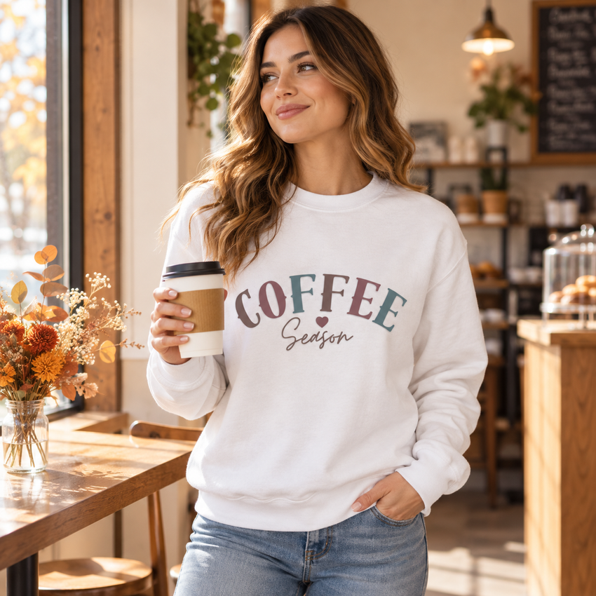 Woman wearing Arctic White Coffee Season sweatshirt in cafe