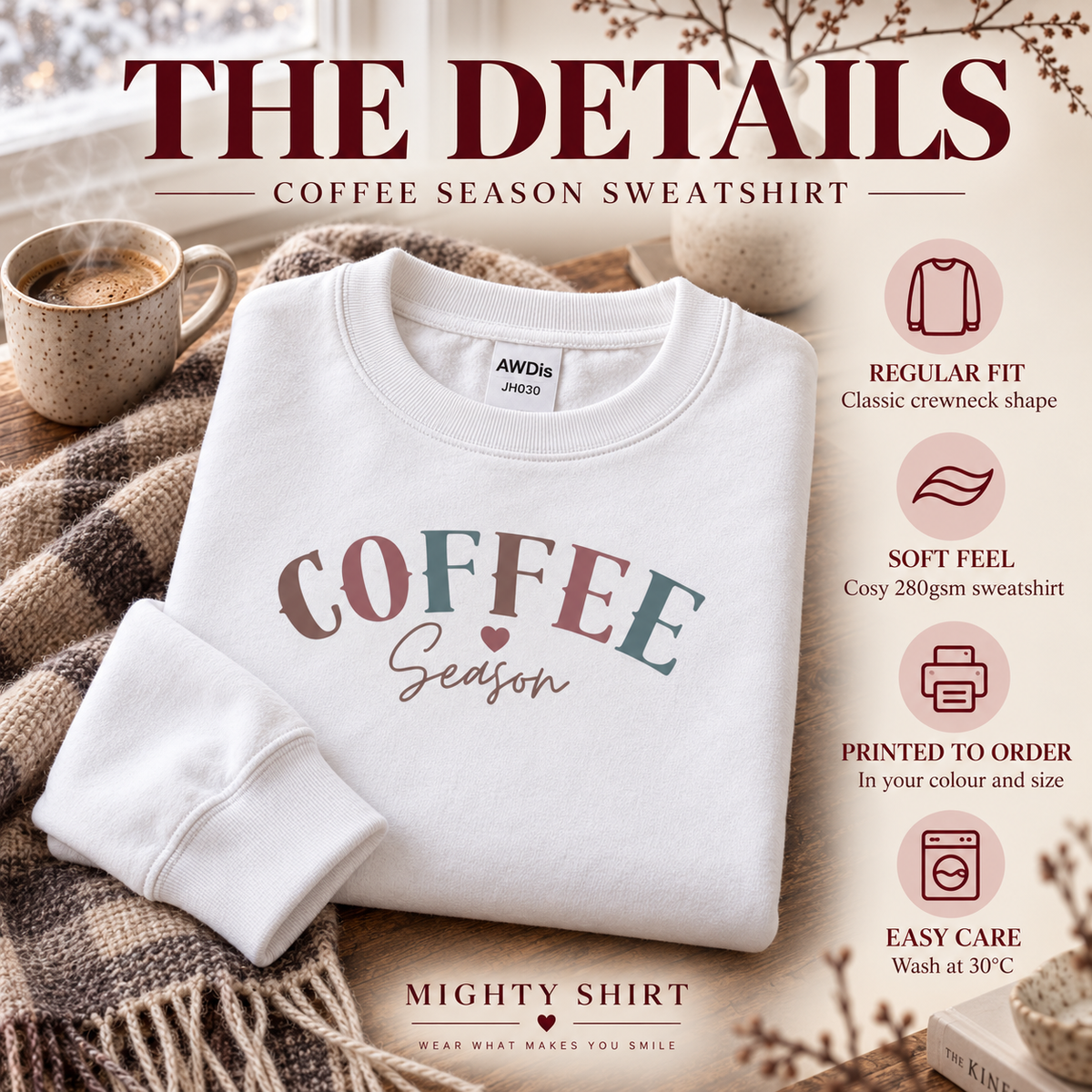 Coffee Season Arctic White sweatshirt with winter coffee styling and garment features