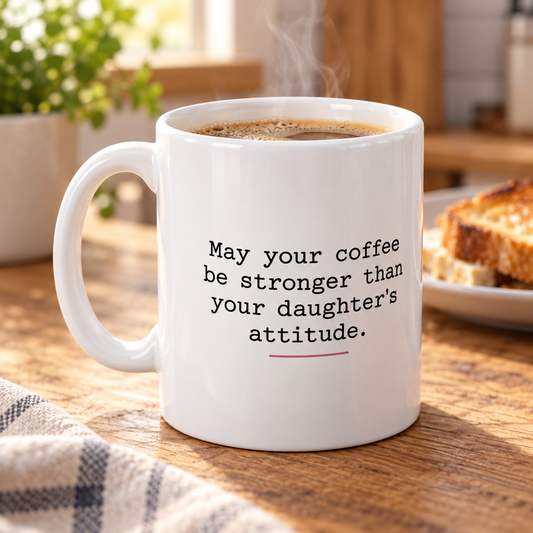 Coffee Stronger Than Your Daughter's Attitude Mug in a styled lifestyle setting