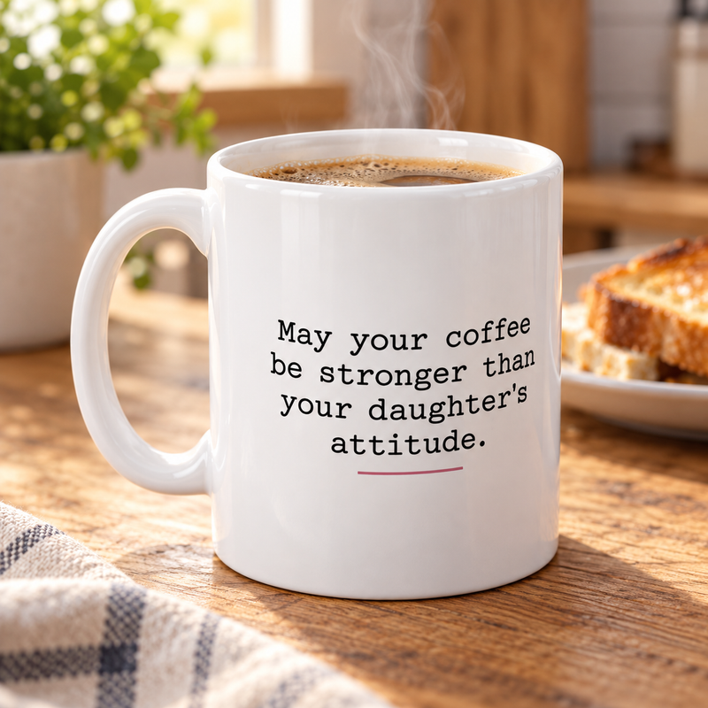 Coffee Stronger Than Your Daughter's Attitude Mug in a styled lifestyle setting