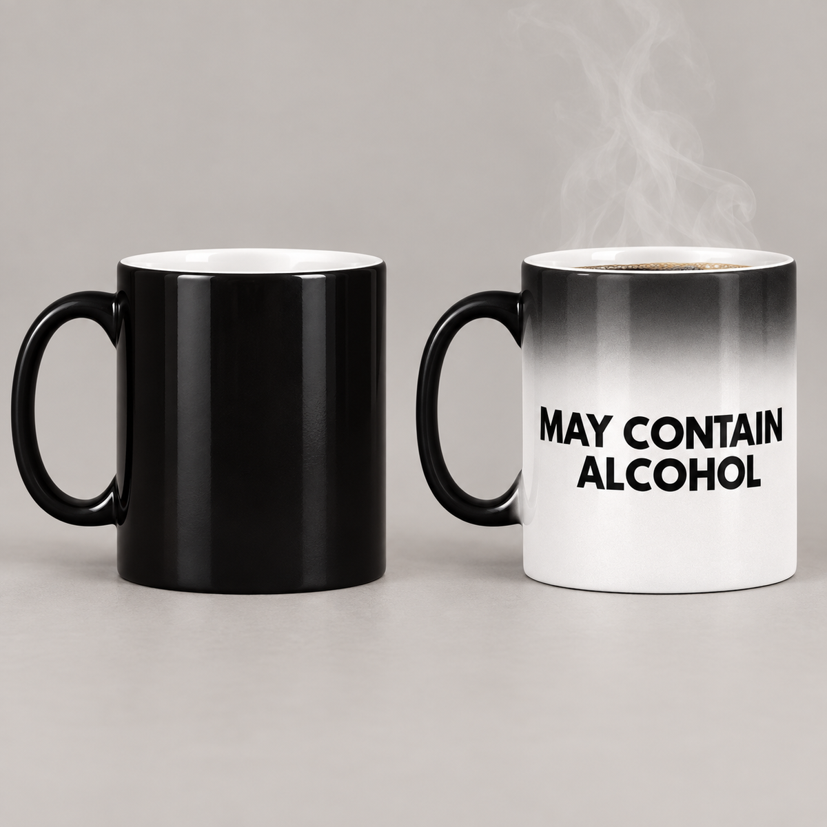 Black colour-changing mug before and after adding a hot drink