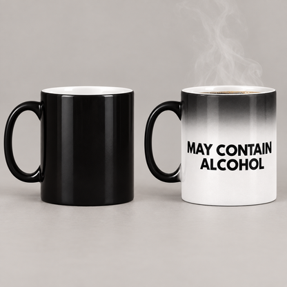 Black colour-changing mug before and after adding a hot drink