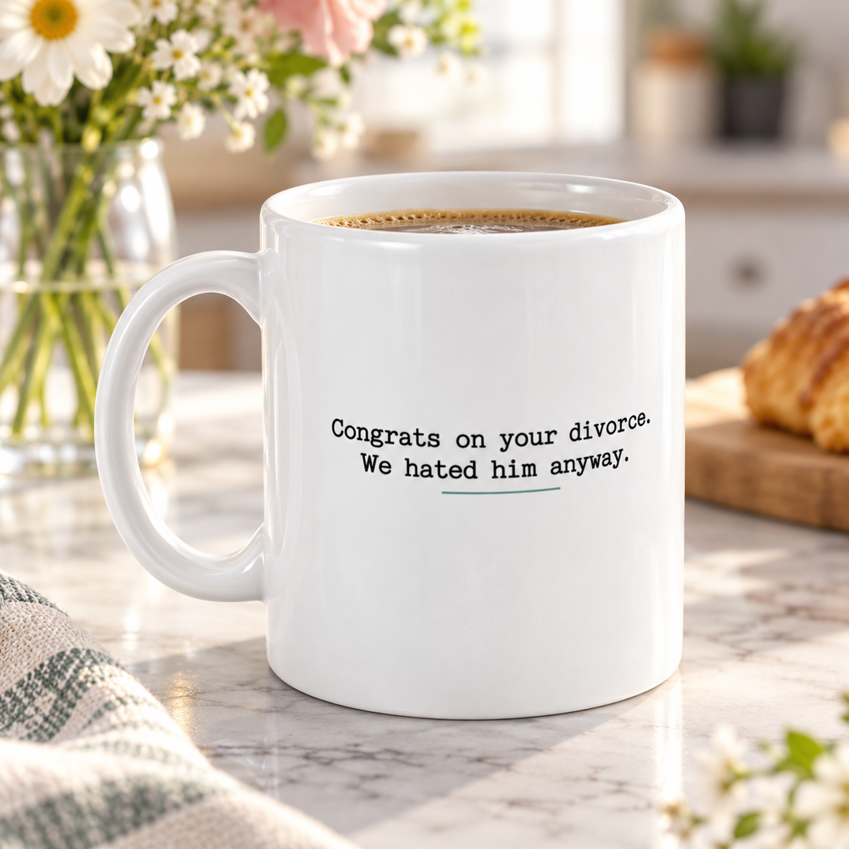 Congrats on Your Divorce Funny Mug in a styled lifestyle setting