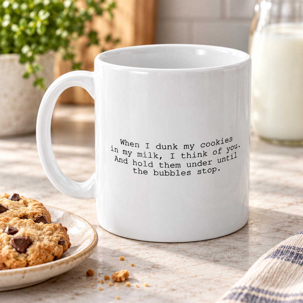 Cookies and Milk Dark Humour Mug in a styled lifestyle setting
