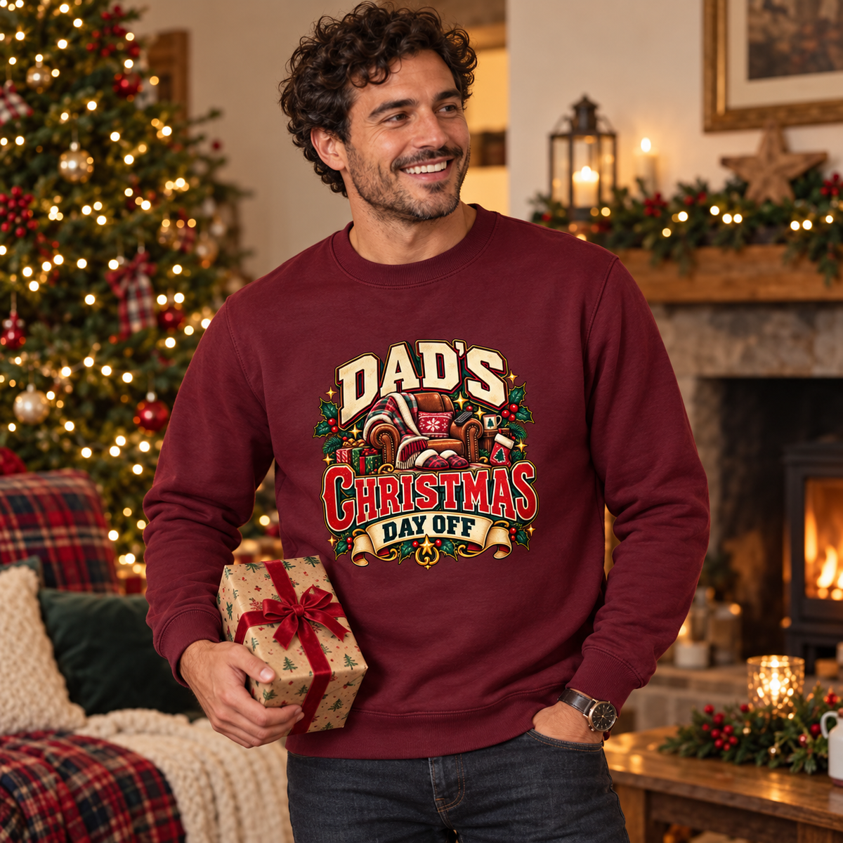 Dads Christmas Day Off in Burgundy – men's Christmas sweatshirt lifestyle photo