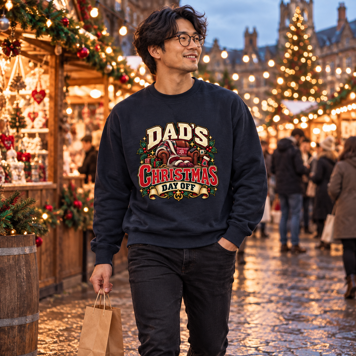 Dads Christmas Day Off in New French Navy – men's Christmas sweatshirt lifestyle photo