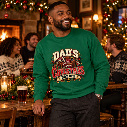Dads Christmas Day Off in Rainforest Green – men's Christmas sweatshirt lifestyle photo