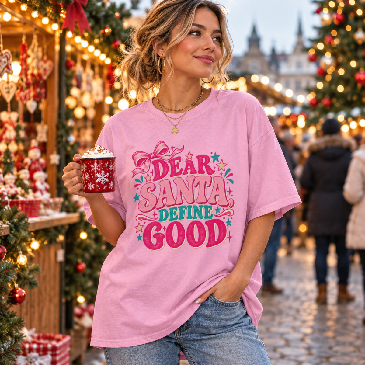 Dear Santa, Define Good in Light Pink – festive lifestyle photo