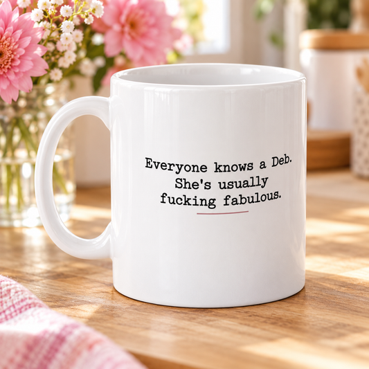 Deb Is Fucking Fabulous Funny Mug in a styled lifestyle setting