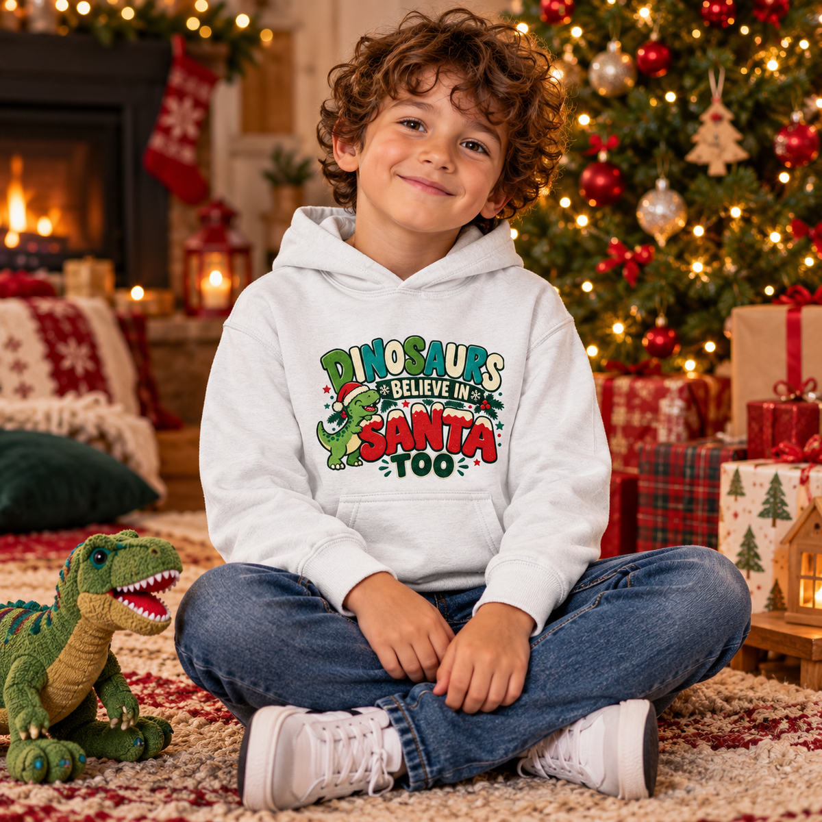 Dinosaurs believe in Santa too Boys Christmas Hoodie in Arctic White – boys' Christmas hoodie lifestyle photo
