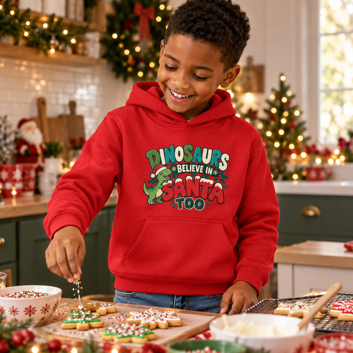 Dinosaurs believe in Santa too Boys Christmas Hoodie in Fire Red – boys' Christmas hoodie lifestyle photo