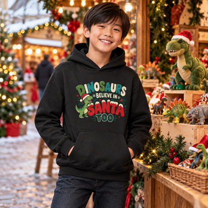 Dinosaurs believe in Santa too Boys Christmas Hoodie in Jet Black – boys' Christmas hoodie lifestyle photo