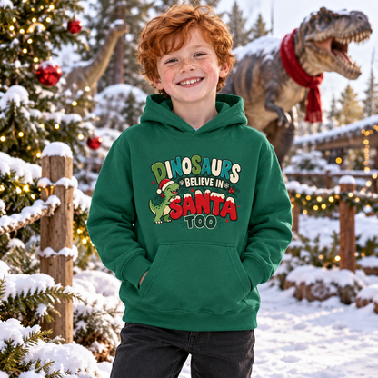 Dinosaurs believe in Santa too Boys Christmas Hoodie in Rainforest Green – boys' Christmas hoodie lifestyle photo