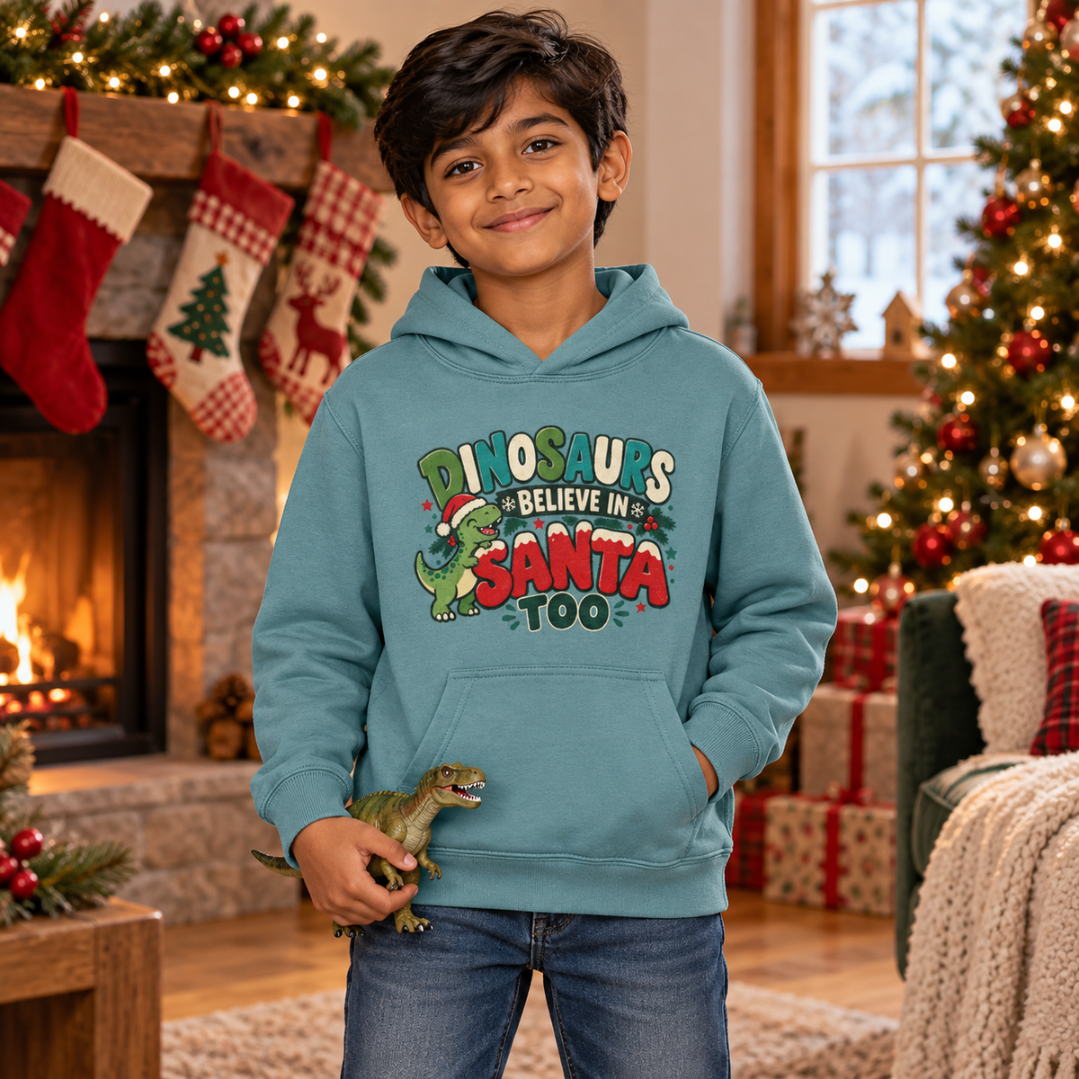 Dinosaurs believe in Santa too Boys Christmas Hoodie in Seafoam – boys' Christmas hoodie lifestyle photo