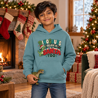 Dinosaurs believe in Santa too Boys Christmas Hoodie in Seafoam – boys' Christmas hoodie lifestyle photo