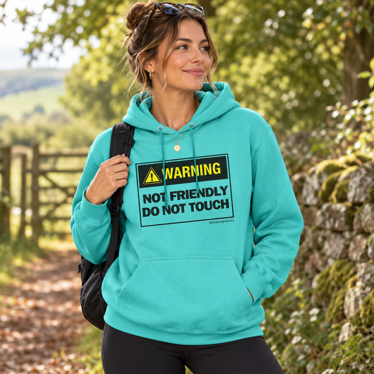 DO NOT TOUCH Unisex College Hoodie – Funny Warning Slogan Gift, lifestyle view 4