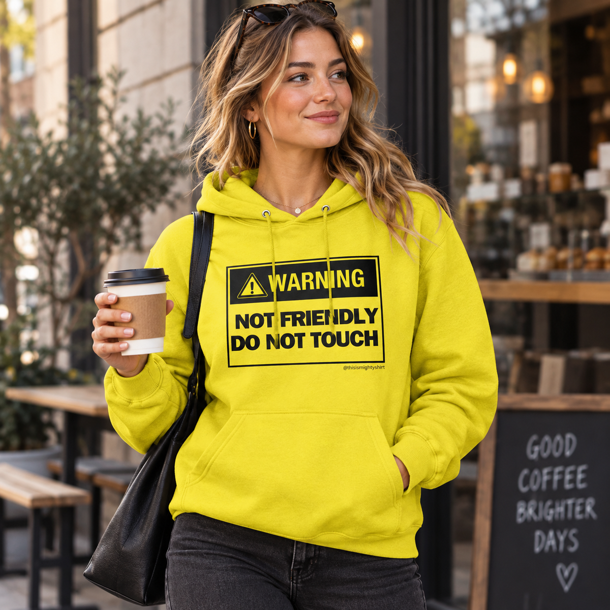 DO NOT TOUCH Unisex College Hoodie – Funny Warning Slogan Gift, lifestyle view 7