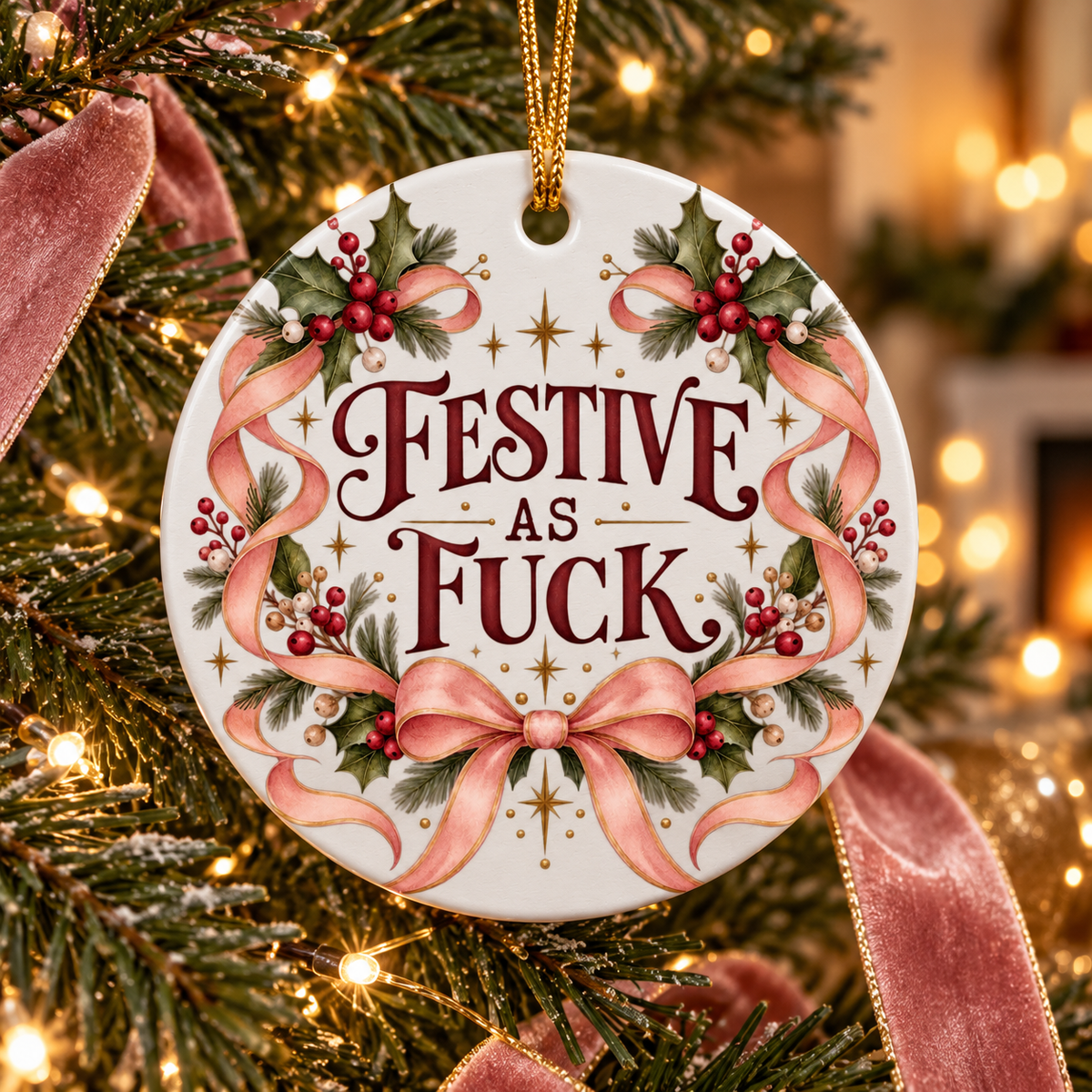 Festive As Fuck Ceramic Christmas Ornament in a styled lifestyle setting