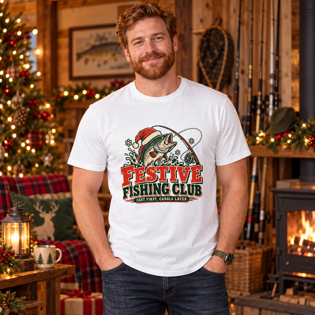 Man wearing Festive Fishing Club Men's Christmas T-Shirt in White in a festive lifestyle setting