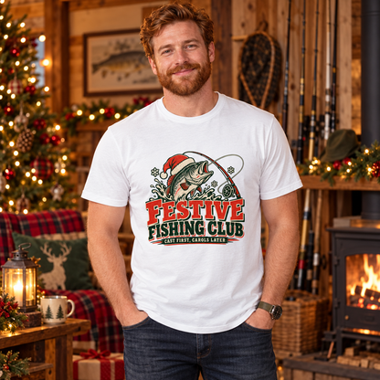 Man wearing Festive Fishing Club Men's Christmas T-Shirt in White in a festive lifestyle setting