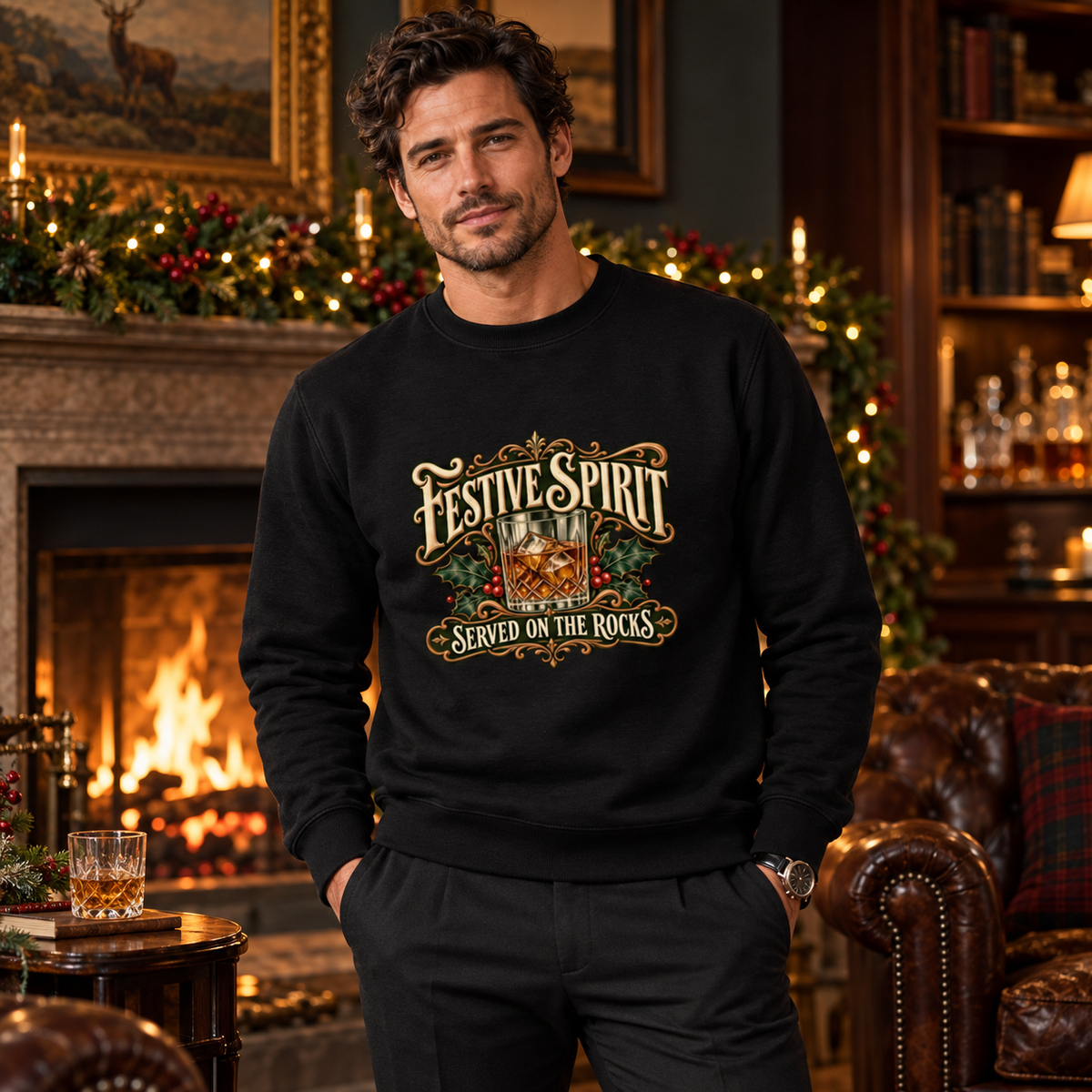 Man wearing black Festive Spirit Served on the Rocks Christmas sweatshirt in a classy fireside lounge