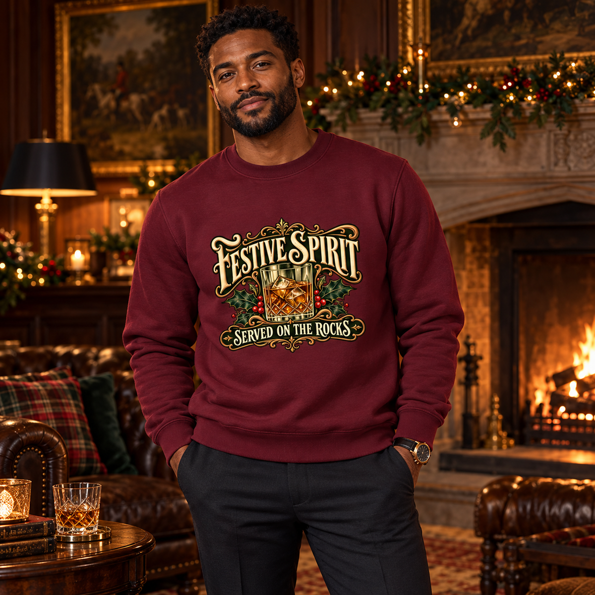 Man wearing Burgundy Festive Spirit Served on the Rocks Christmas sweatshirt in a classy fireside lounge