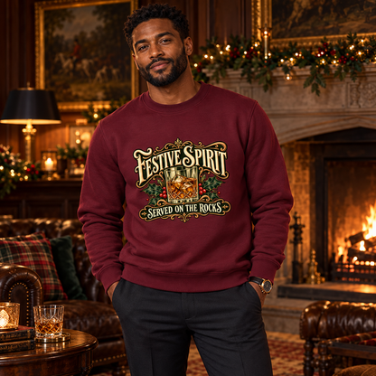 Man wearing Burgundy Festive Spirit Served on the Rocks Christmas sweatshirt in a classy fireside lounge