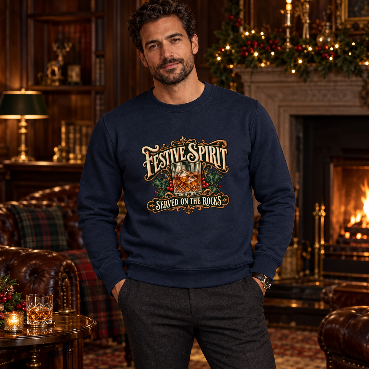 Man wearing navy Festive Spirit Served on the Rocks Christmas sweatshirt in a classy fireside lounge