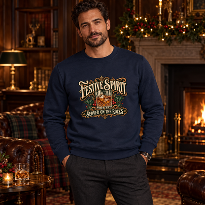 Man wearing navy Festive Spirit Served on the Rocks Christmas sweatshirt in a classy fireside lounge
