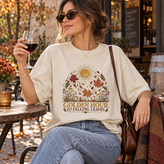 Golden Hour & Falling Leaves Women's T-Shirt in Natural, seasonal lifestyle photo