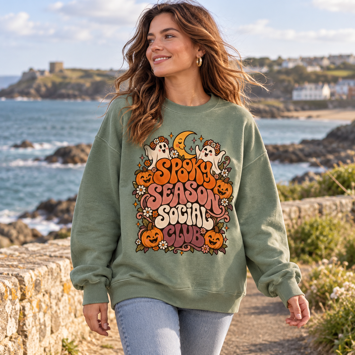 Spooky Season Social Club Women's Halloween Sweatshirt in Dusty Green — lifestyle photo