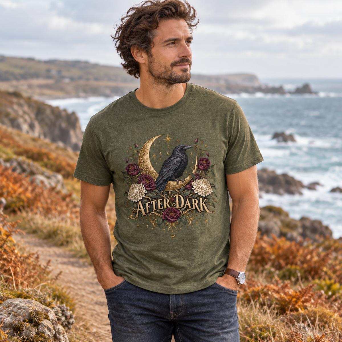 After Dark Raven Men's Halloween T-Shirt in Heather Military Green — lifestyle photo
