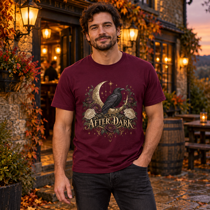 After Dark Raven Men's Halloween T-Shirt in Maroon — lifestyle photo