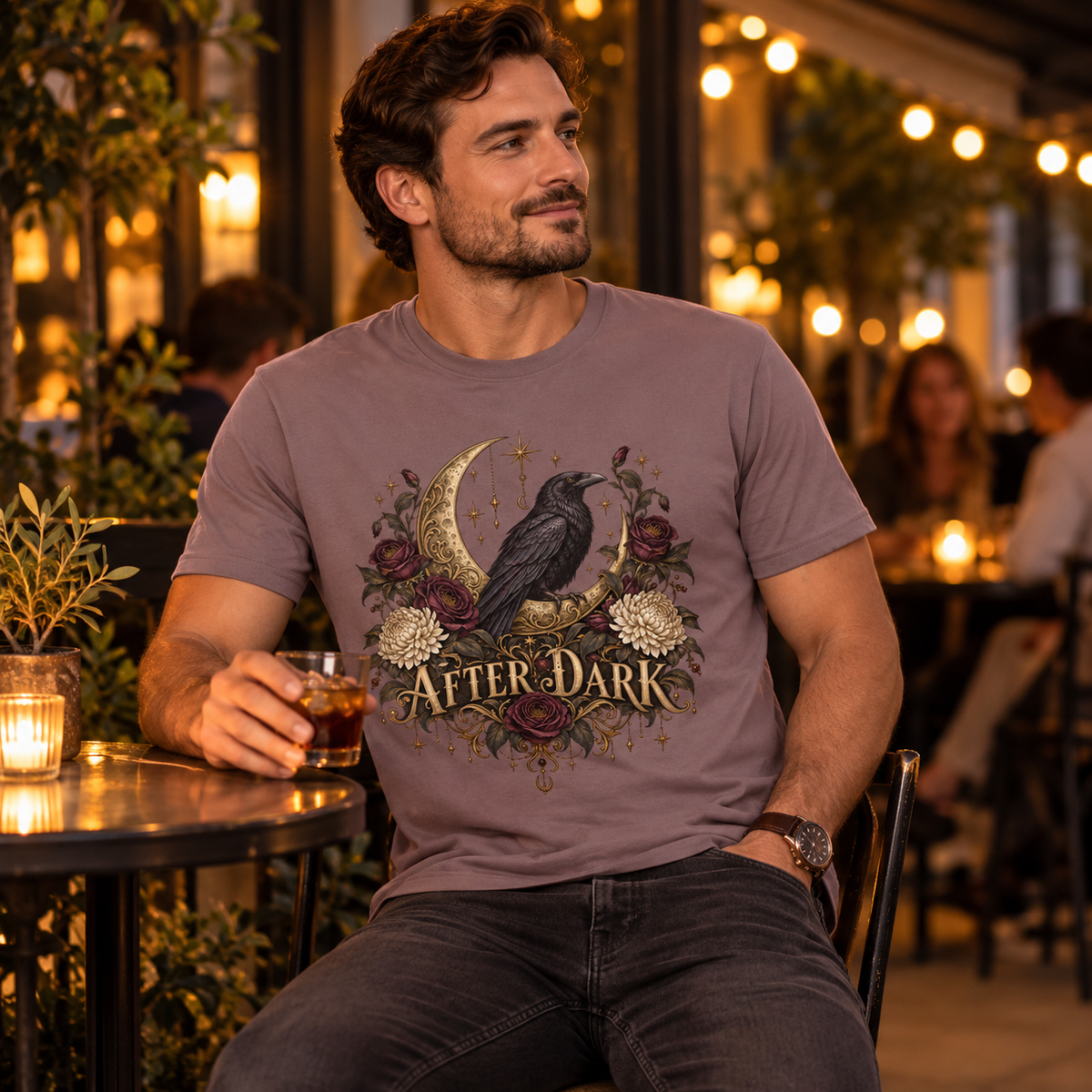 After Dark Raven Men's Halloween T-Shirt in Paragon — evening cafe lifestyle photo