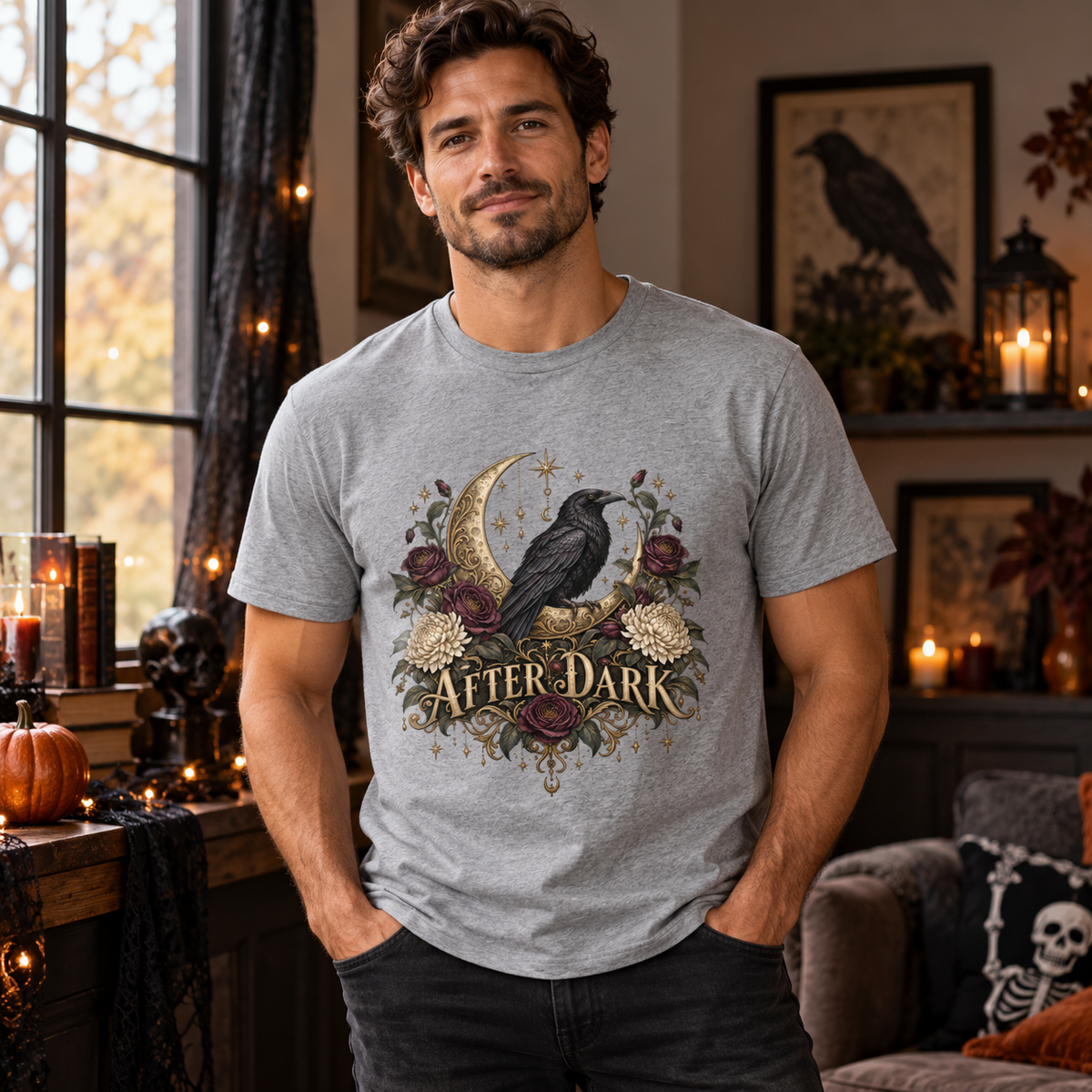 After Dark Raven Men's Halloween T-Shirt in Sports Grey — lifestyle photo