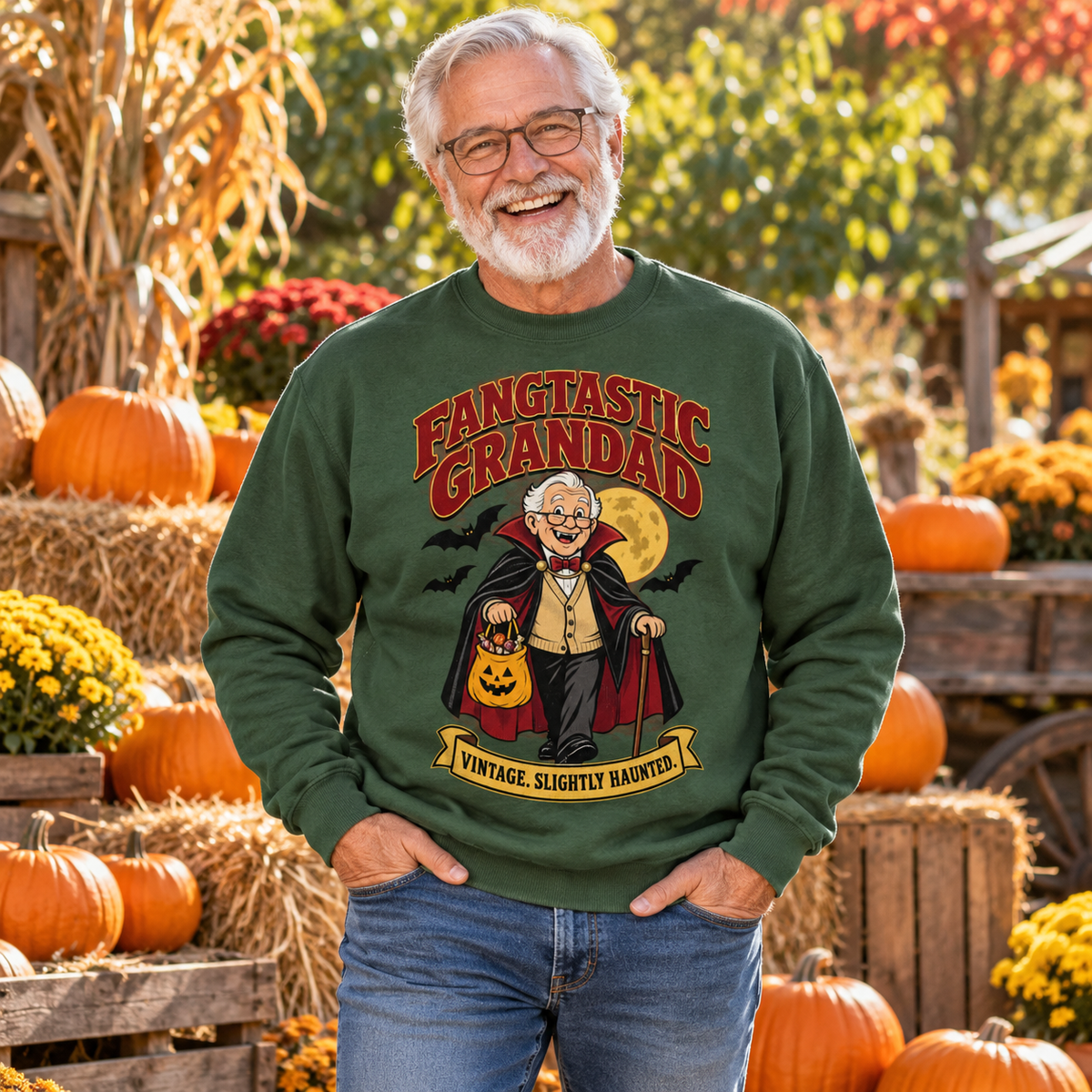 Fangtastic Grandad Men's Halloween Sweatshirt in Earthy Green — lifestyle photo