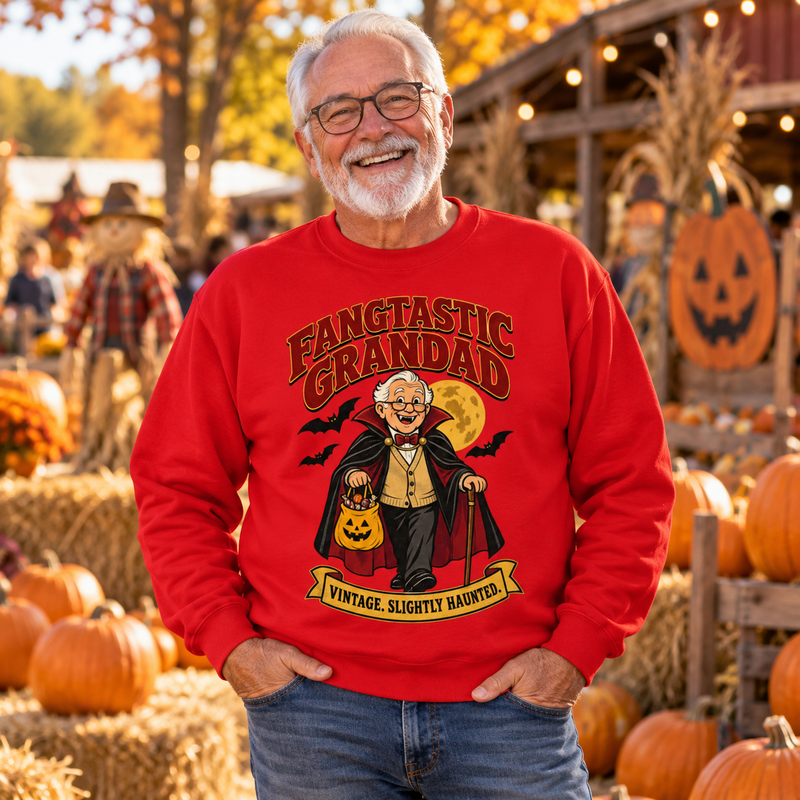 Fangtastic Grandad Men's Halloween Sweatshirt in Fire Red — lifestyle photo