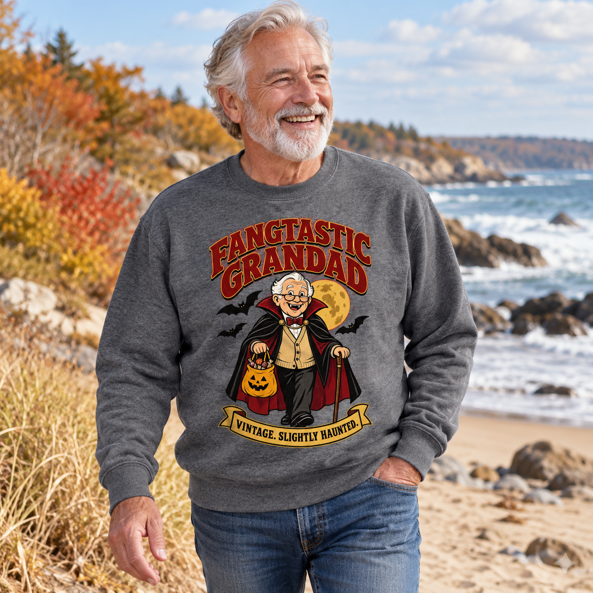 Fangtastic Grandad Men's Halloween Sweatshirt in Graphite Heather — lifestyle photo